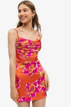 Solado Satin Floral Print Cowl Neck Mini Dress