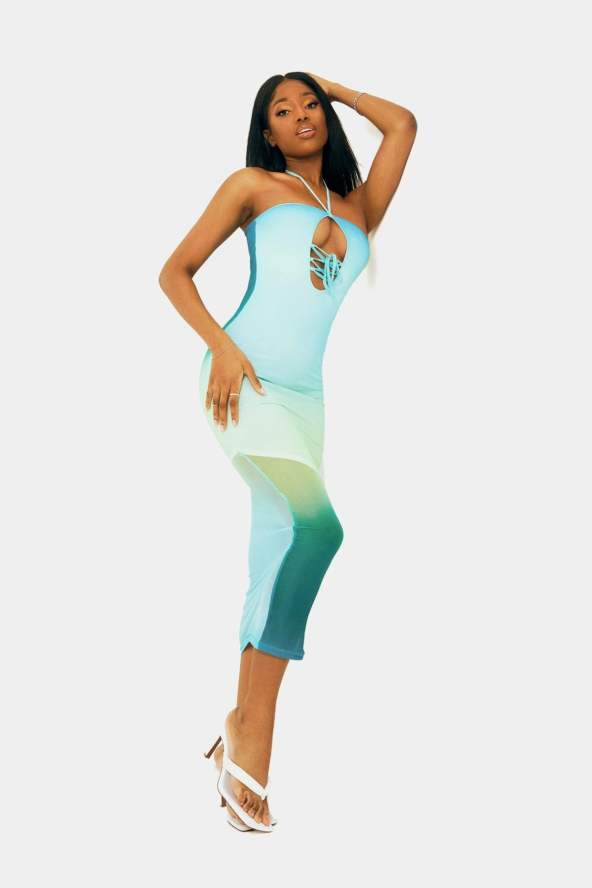 SOLADO Mesh Gradient Lace Up Halter Neck Maxi Dress 1 SOLADO Mesh Gradient Lace Up Halter Neck Maxi Dress