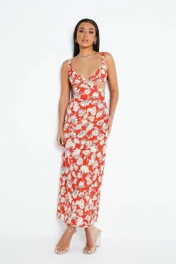 Solado Plunging Neck Cut Out Floral Print Maxi Dress