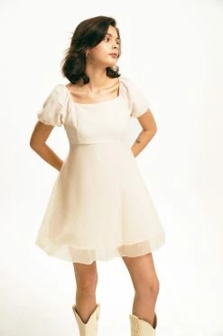 Solado Puff Sleeve Mesh Splicing Textured Mini Dress
