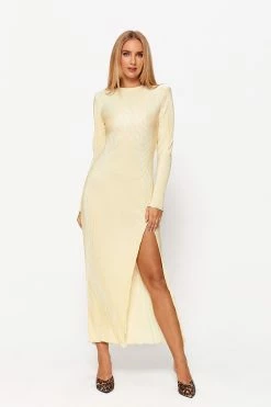 Solado Open Back Split Hem Long Sleeve Solid Maxi Dress
