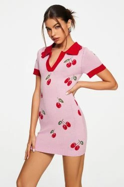 Solado Cherry Print Contrast Color Knitted Mini Dress