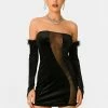SOLADO Velvet Off Shoulder Mesh Splicing Mini Dress With Oversleeve
