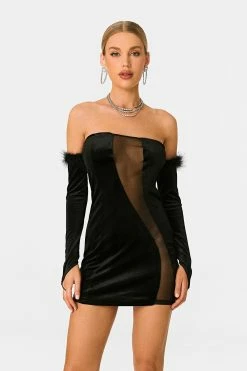 SOLADO Velvet Off Shoulder Mesh Splicing Mini Dress With Oversleeve