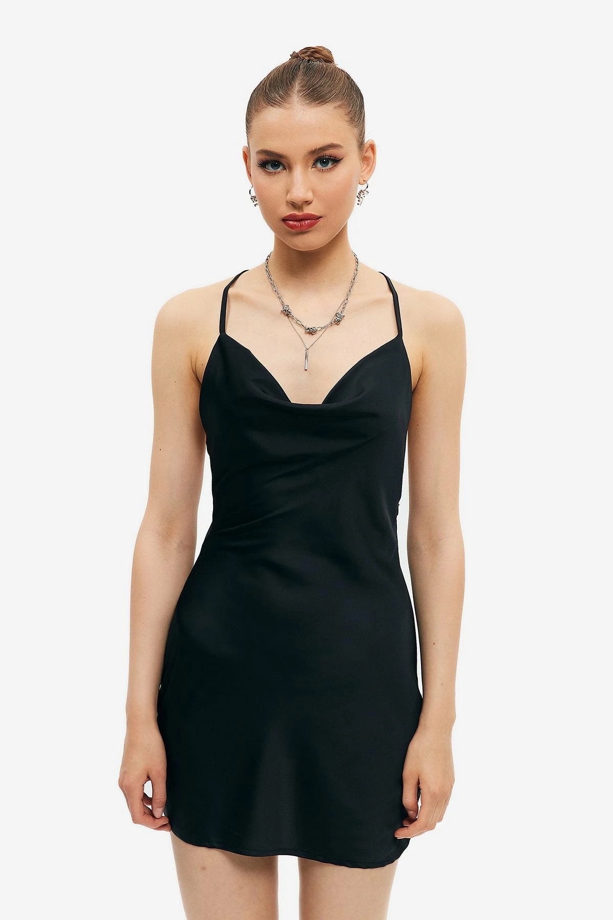 Solado Satin Backless Cowl Neck Solid Mini Dress 1 Solado Satin Backless Cowl Neck Solid Mini Dress