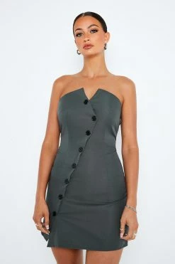 SOLADO Notched Neck Button Front Tube Mini Dress