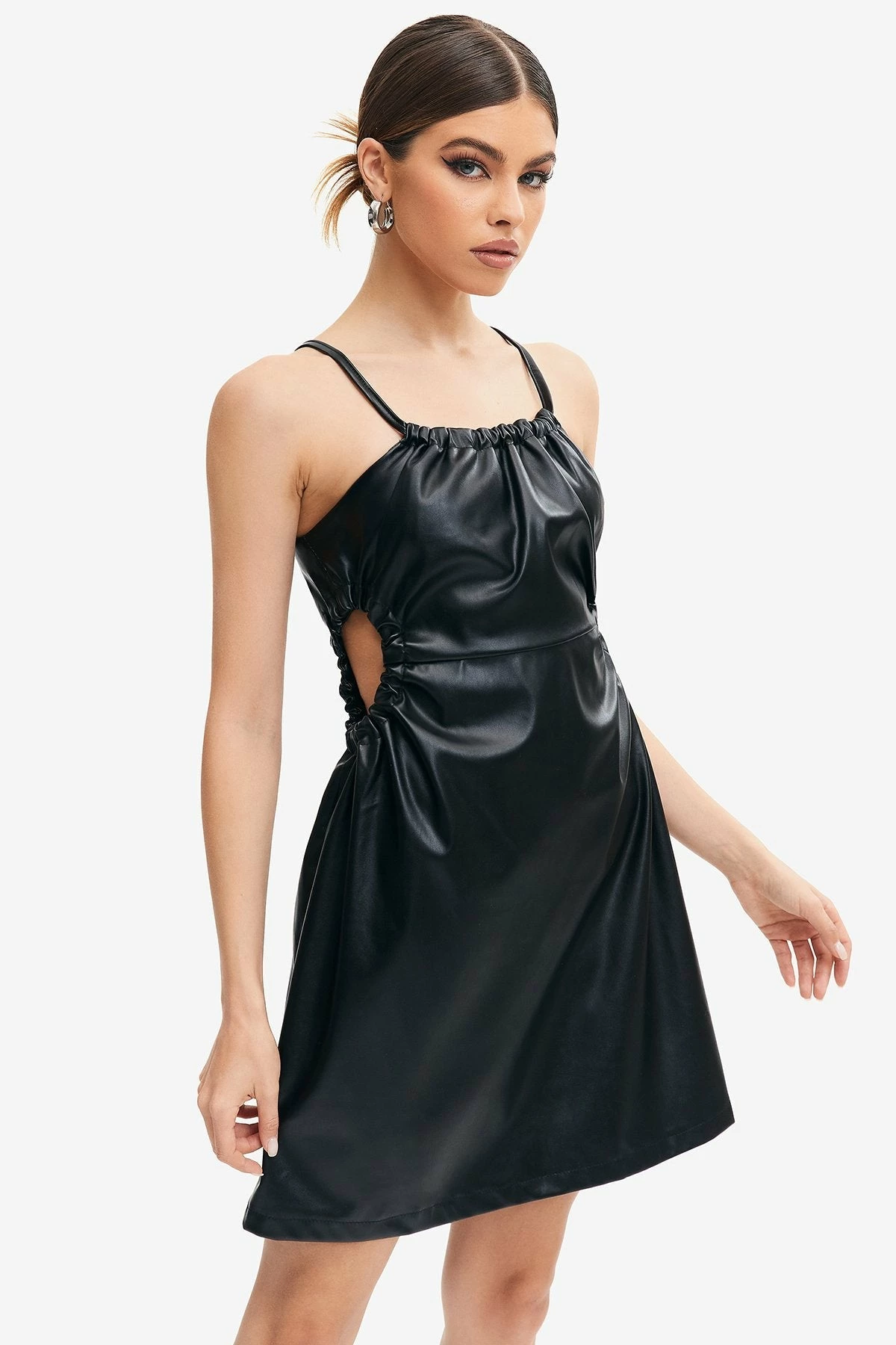 Solado Ruched Cut Out PU Leather Mini Dress 1 Solado Ruched Cut Out PU Leather Mini Dress