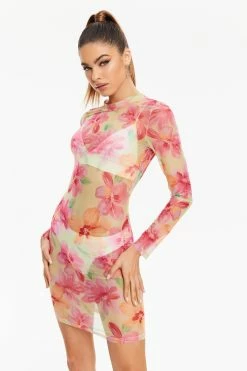 Solado Floral Print Mesh Long Sleeve Mini Dress Without Underwear