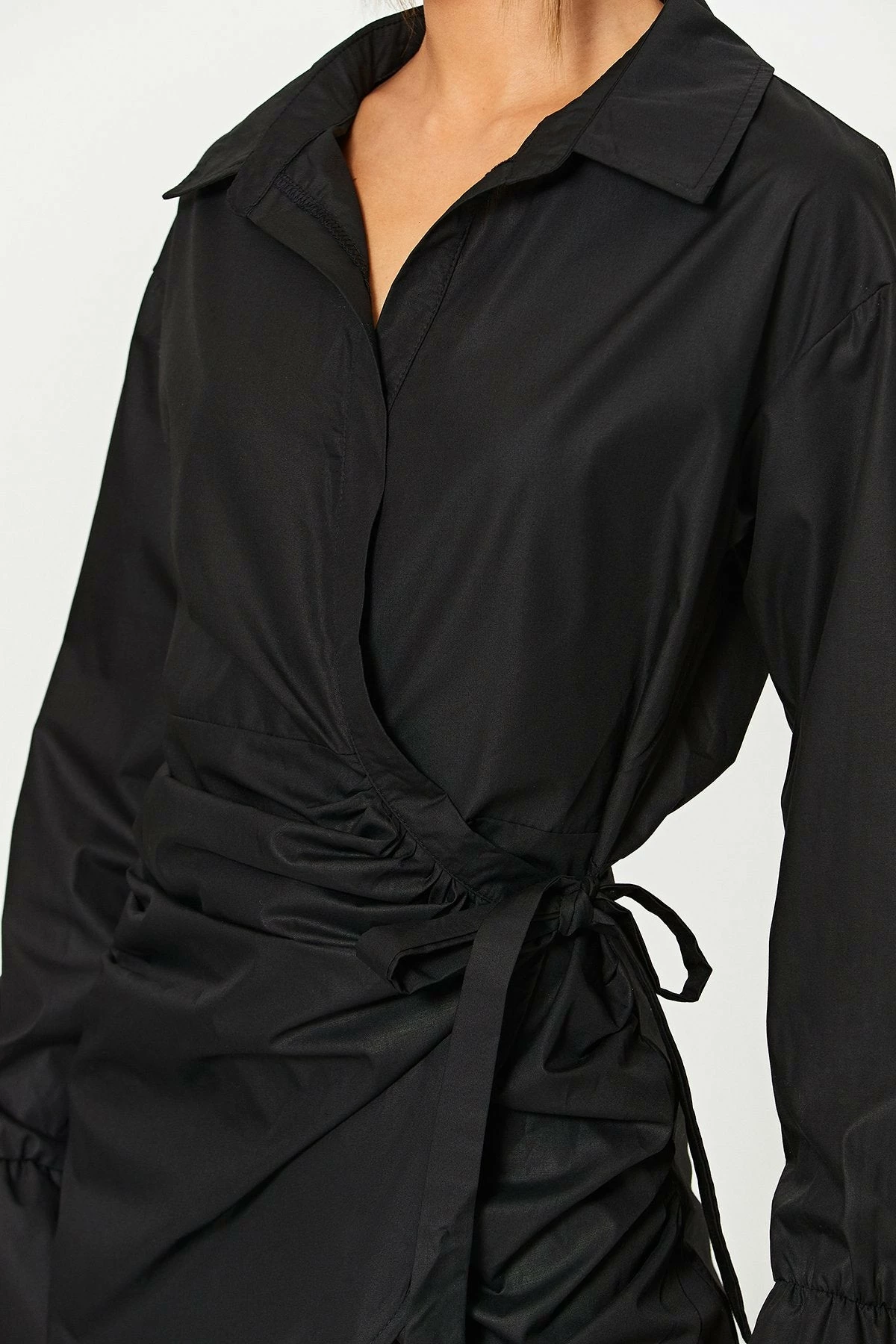 Solado Lapel Neck Tie Detail Ruched Long Sleeve Mini Dress 5 Solado Lapel Neck Tie Detail Ruched Long Sleeve Mini Dress - Image 5