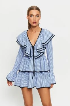 SOLADO Striped Print Colorblock Trim Ruffle Layered Mini Dress