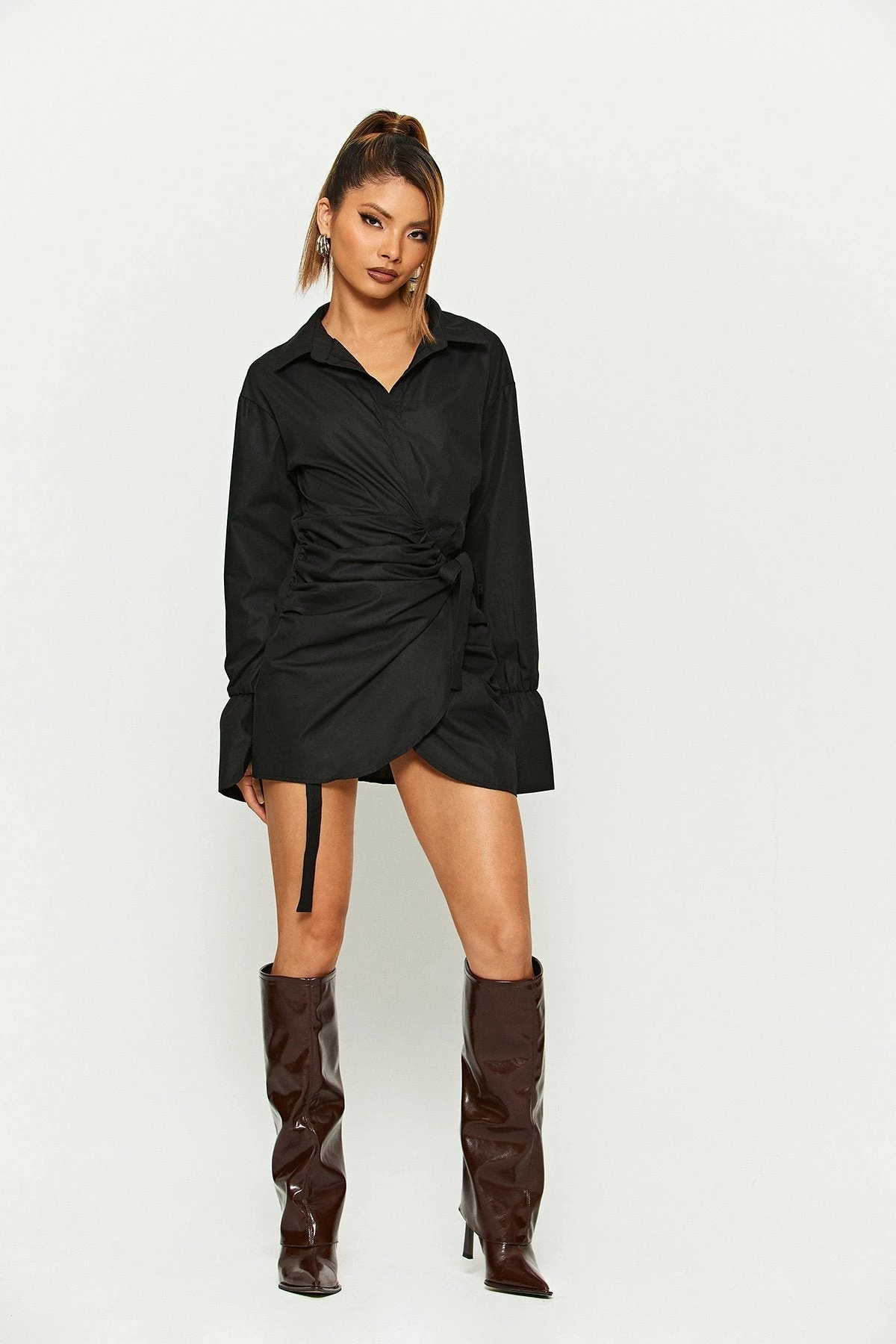 Solado Lapel Neck Tie Detail Ruched Long Sleeve Mini Dress 4 Solado Lapel Neck Tie Detail Ruched Long Sleeve Mini Dress - Image 4