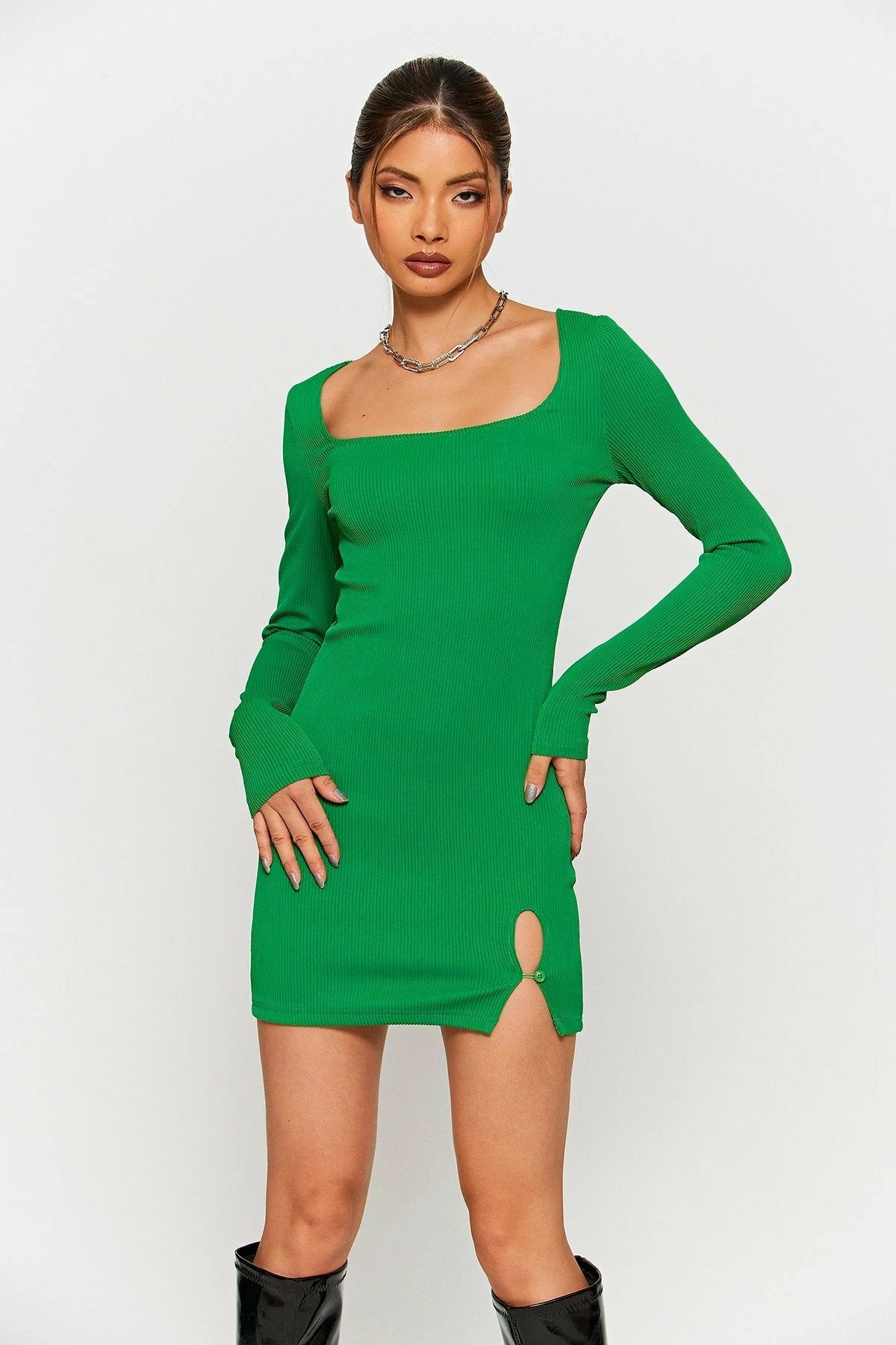 SOLADO Square Neck Ribbed Knit Split Hem Mini Dress 2 SOLADO Square Neck Ribbed Knit Split Hem Mini Dress - Image 2