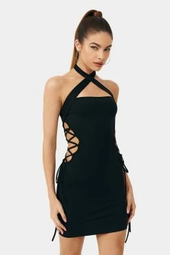 SOLADO Halter Neck Lace Up Side Backless Mini Dress