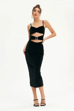 Solado Velvet Cut Out Buckle Decor Midi Dress