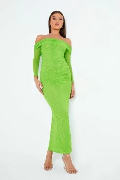 Solado Off Shoulder Mesh Ruched Long Sleeve Maxi Dress