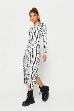 SOLADO Zebra Print Split Hem Long Sleeve Maxi Dress