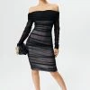 Solado Off Shoulder Ruched Mesh Midi Dress