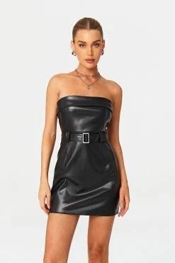 SOLADO Off Shoulder Cinched Waist PU Leather Mini Dress With Belt