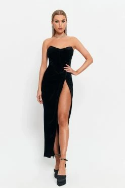 SOLADO Off Shoulder Split Hem Velvet Maxi Dress