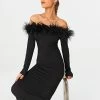 Solado Feather Trim Off Shoulder Long Sleeve Midi Dress