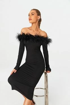 Solado Feather Trim Off Shoulder Long Sleeve Midi Dress