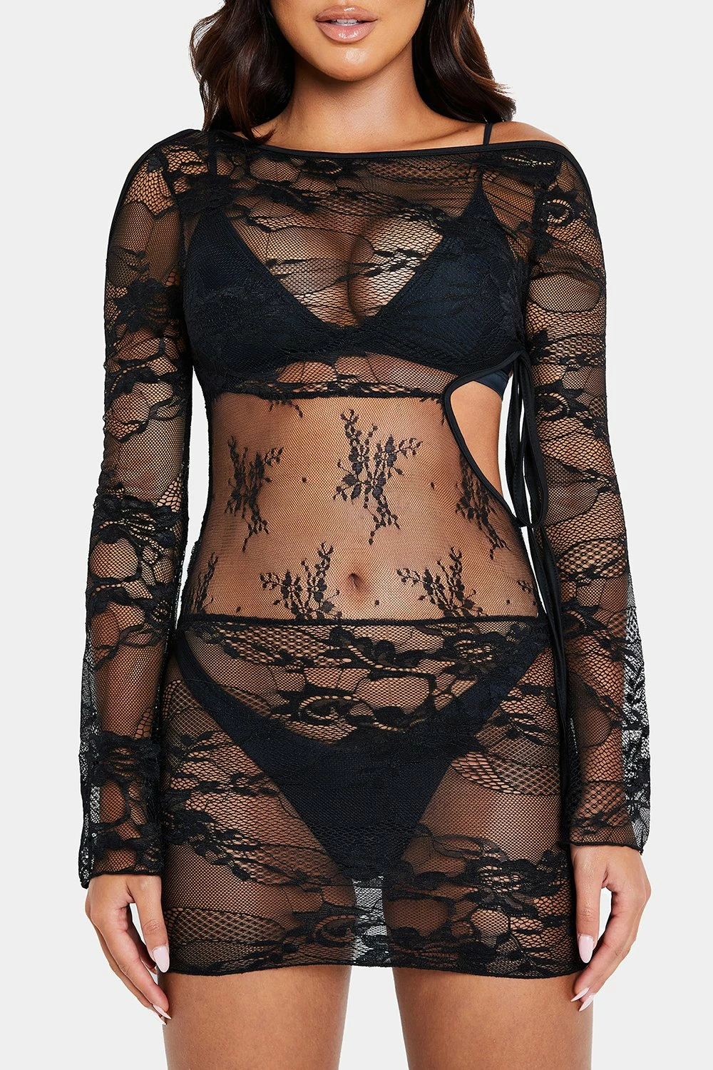 Solado Boat Neck Cut Out Cold Shoulder Lace Mini Dress Without Underwear 6 Solado Boat Neck Cut Out Cold Shoulder Lace Mini Dress Without Underwear - Image 6