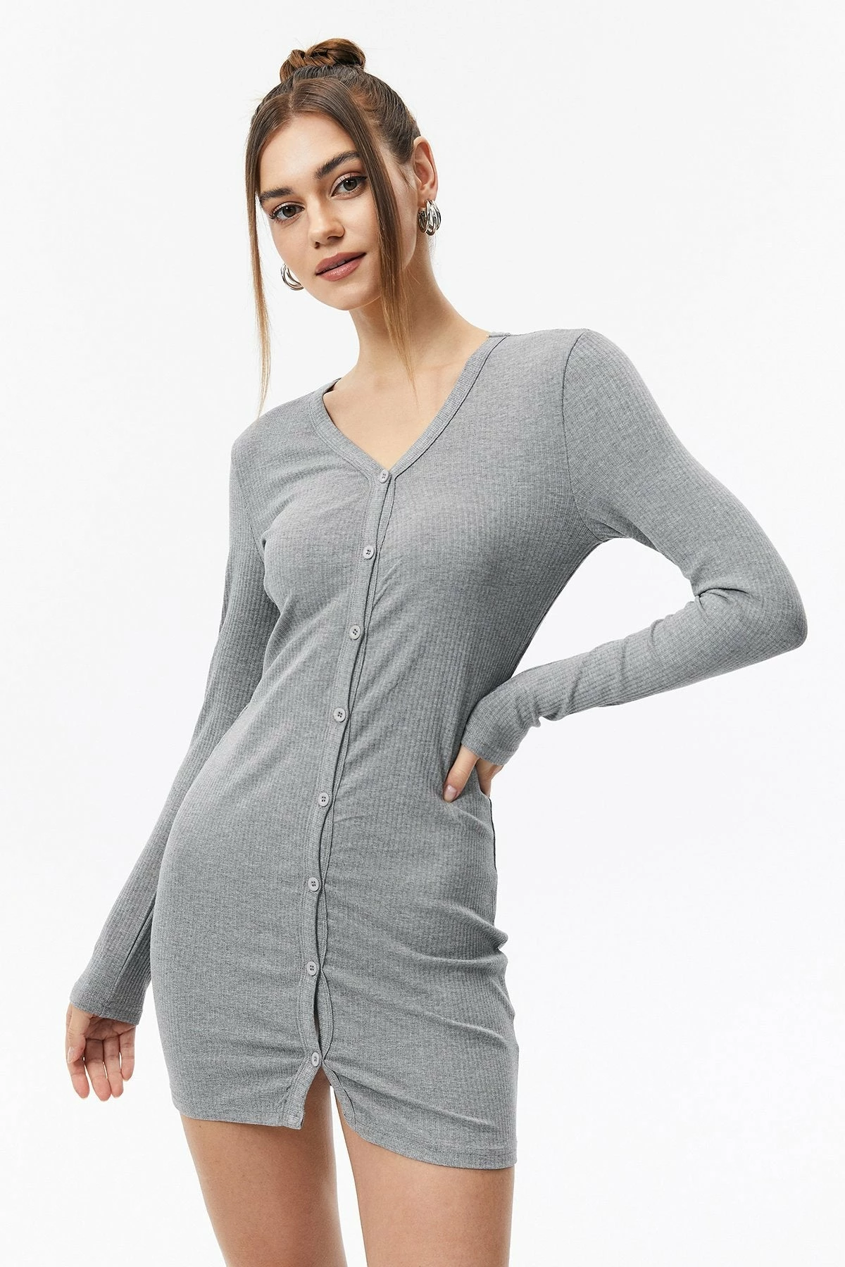 Solado Solid Button Front Knitted Mini Dress 1 Solado Solid Button Front Knitted Mini Dress