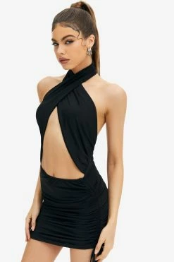 Solado Cross Wrap Cut Out Drawstring Ruched Backless Mini Dress