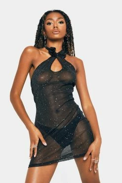 SOLADO Lurex Mesh Crisscross Halter Neck Backless Mini Dress Without Panty