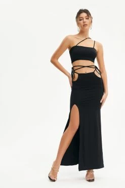 Solado One Shoulder Cross Tie Split Hem Maxi Dress