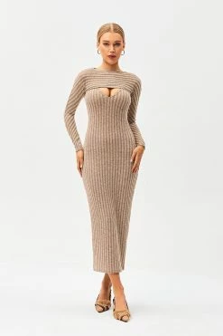 SOLADO 2 In 1 Cut Out Stripe Knitted Bodycon Maxi Dress
