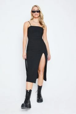 Solado Cinched Waist Split Hem Solid Midi Dress