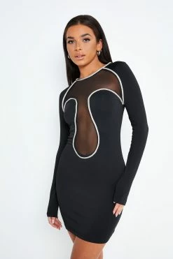 SOLADO Colorblock Trim Mesh Splicing Long Sleeve Mini Dress