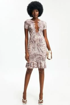 Solado Abstract Print Lace Up Ruffle Midi Dress