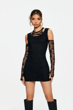 SOLADO Cold Shoulder Lace Splicing Long Sleeve Mini Dress