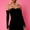 SOLADO Off Shoulder Bodycon Velvet Mini Dress With Oversleeve