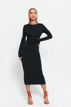 Solado Seam Detail Solid Long Sleeve Bodycon Midi Dress