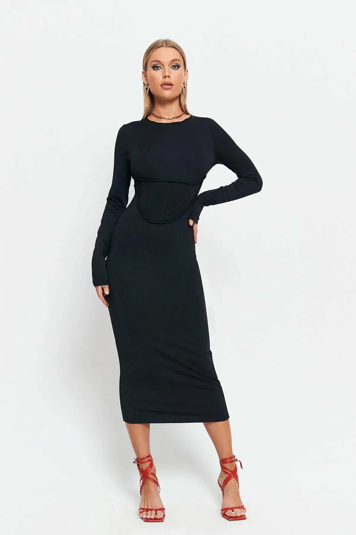 Solado Seam Detail Solid Long Sleeve Bodycon Midi Dress 1 Solado Seam Detail Solid Long Sleeve Bodycon Midi Dress
