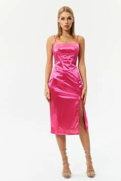 Solado Square Neck Satin Split Hem Midi Dress