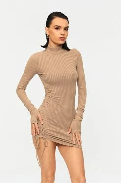 Solado High Neck Thumb Hole Drawstring Ruched Mini Dress