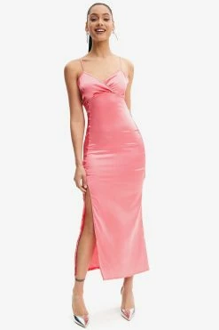 Solado Satin Button Decor Split Hem Maxi Dress