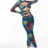 Solado O-Ring Cut Out Abstract Print Mesh Maxi Dress