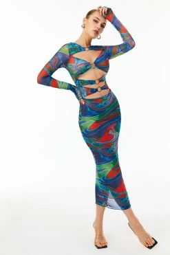 Solado O-Ring Cut Out Abstract Print Mesh Maxi Dress