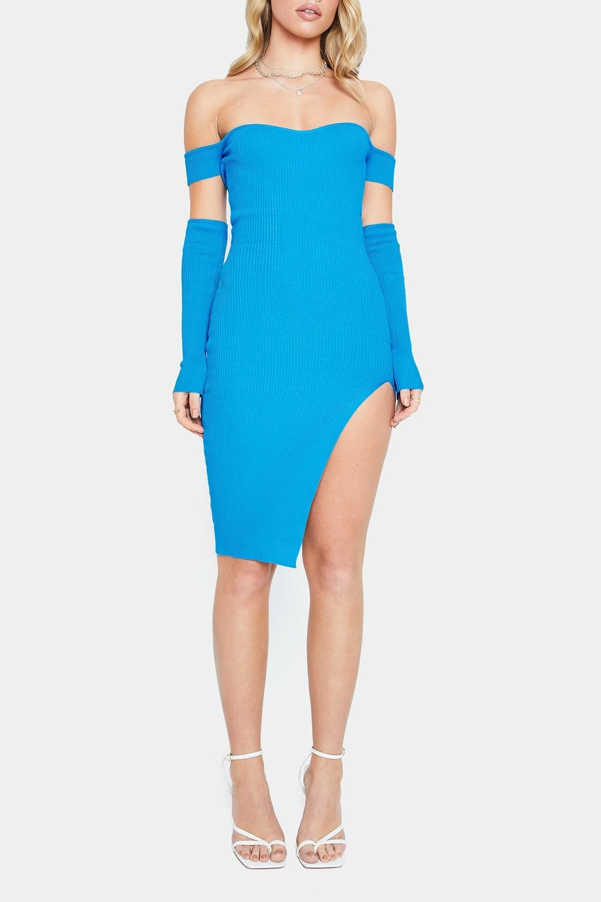 Solado Off Shoulder Split Hem Ribbed Knit Mini Dress With Oversleeve 6 Solado Off Shoulder Split Hem Ribbed Knit Mini Dress With Oversleeve - Image 6