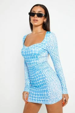 SOLADO Abstract Print Long Sleeve Bodycon Mini Dress