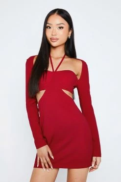 SOLADO 2 In 1 Halter Neck Cut Out Long Sleeve Mini Dress