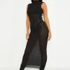 SOLADO Mock Neck Seam Detail Open Back Mesh Maxi Dress Without Underwear