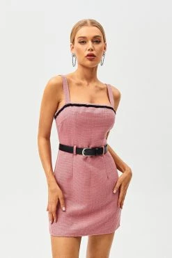 SOLADO Square Neck Colorblock Trim Mini Dress With Belt