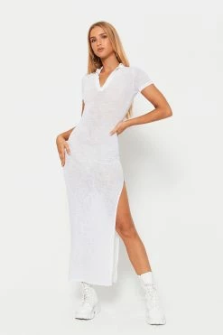Solado Plunging Neck Split Hem Solid Short Sleeve Maxi Dress
