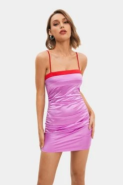 SOLADO Satin Contrast Color Ruched Bodycon Mini Dress